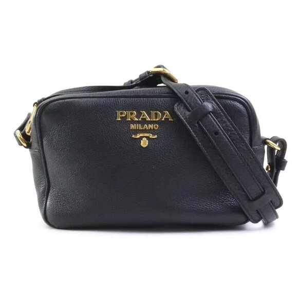 Auth PRADA Logo Crossbody Shoulder Bag Black Leather/Goldtone